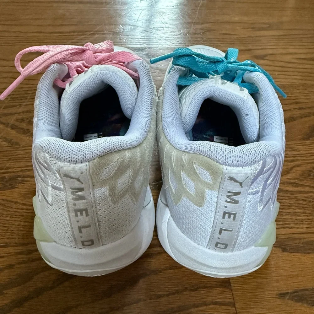Kids' White M.E.L.O. Puma Basketball Sneakers with Pink and Teal Laces - Picture 3 of 5